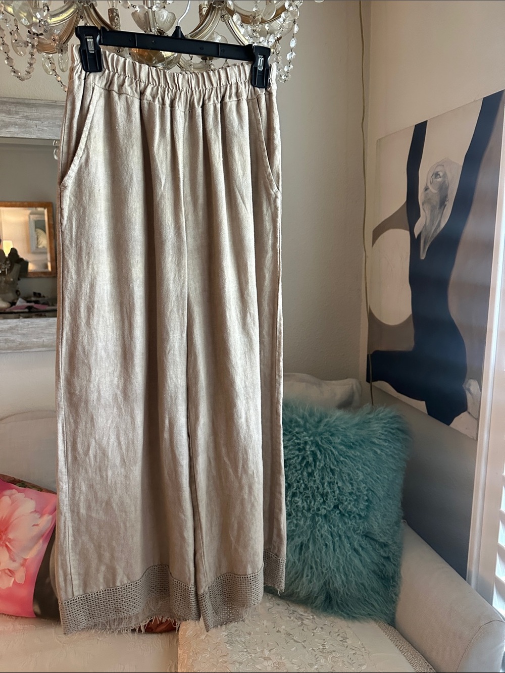 Beige Linen Wide-Leg Crochet-Hem Pants — Relaxed Elastic Waist